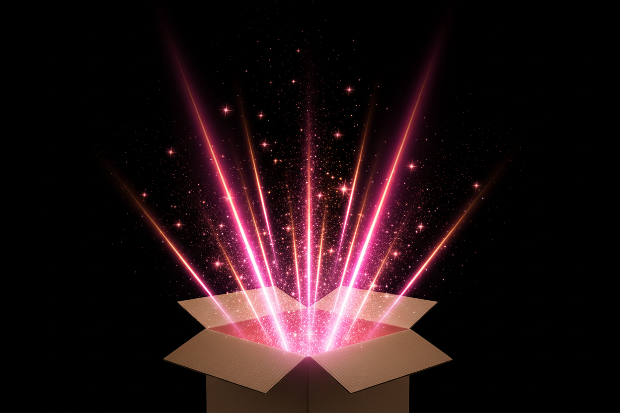 le carton doit etre ouvert et entre en bas de l'image avec des lumiere et petites etoile style enorme cadeau 